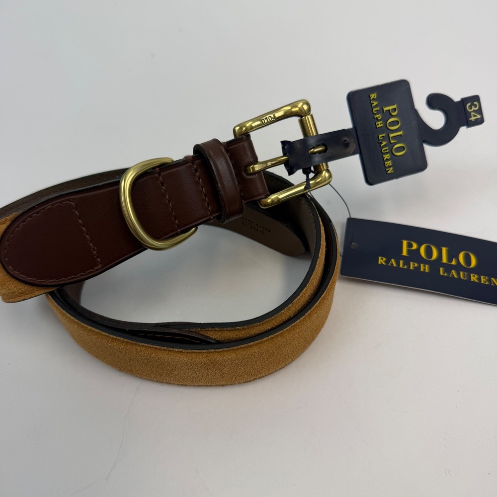 Polo Ralph Lauren Mens Leather Suede Belt Brown Tan Brass Buckle Size 34 NWT
